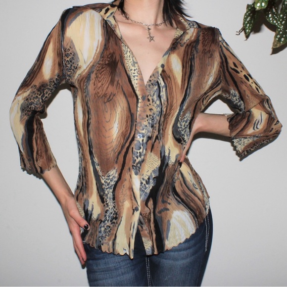 Vintage funky brown animal print button down shirt - Picture 1 of 4